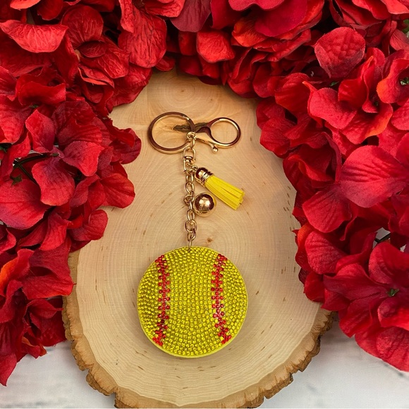 🥎Crystal & Leather Softball Keychain & Yellow Tassel - Picture 2 of 10